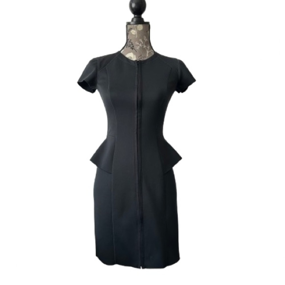 Theory Size 0 Black Peplum Sheath Dress Full Zip Closure Ruffled Work/Cocktail